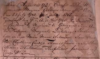 Aantekening van de doop van het vrijgelaten meisje Marjana in 1725